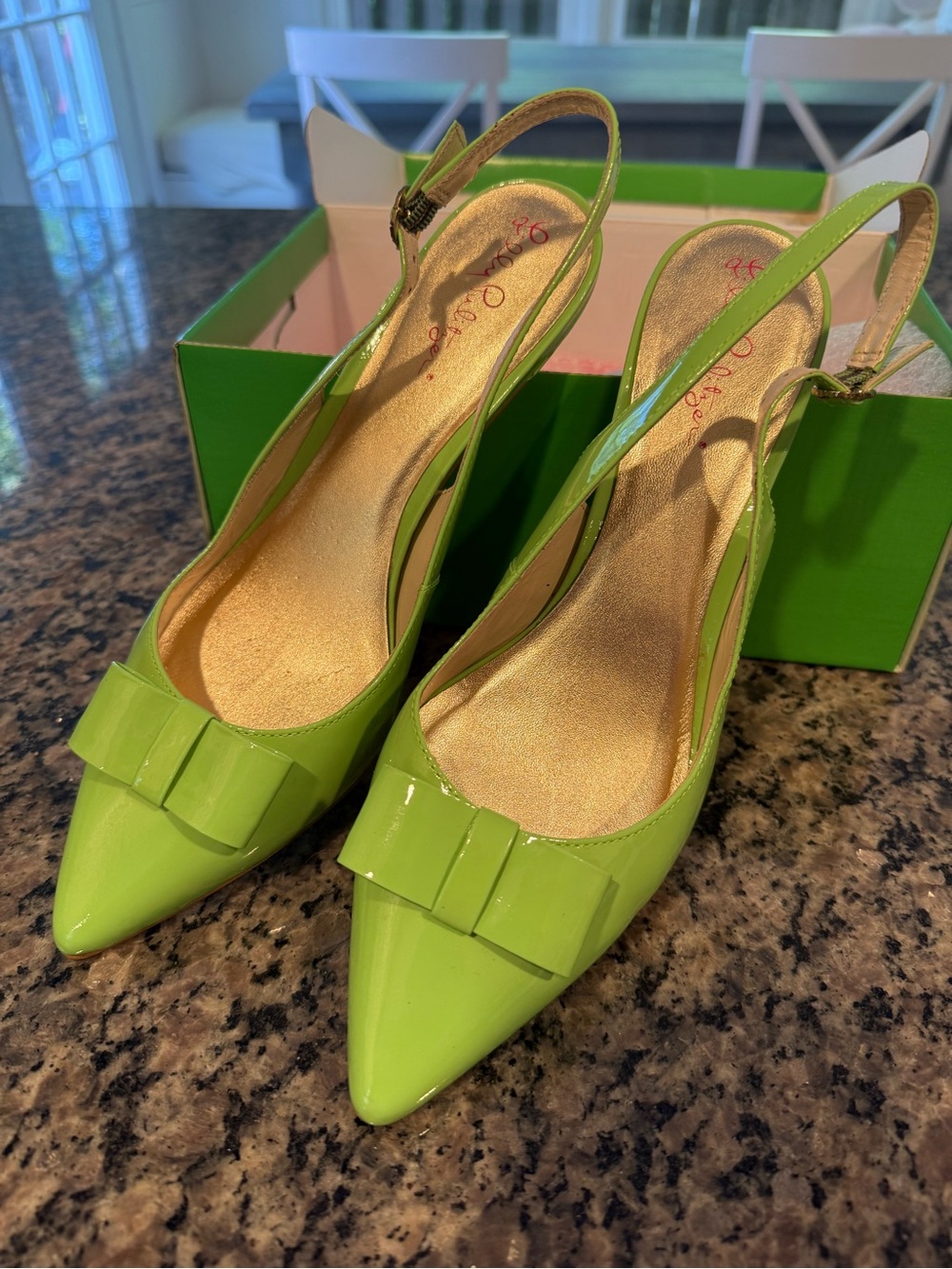 Lilly Pulitzer Lime Green Patent Pointed-Toe Slingbacks with Bow